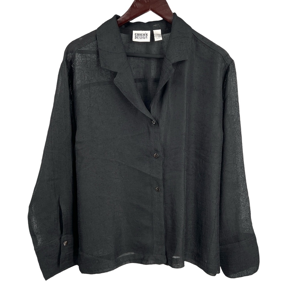 CHICO'S DESIGN Textured Button Down Shirt Black Long Sleeve Sheer Size 2 (Large)
